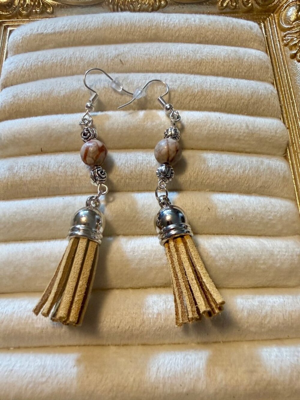 New Golden Sands – Tan Tassel & Marbled Bead Earrings